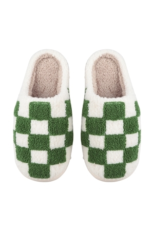 S24-5-2-HDS3854GR-L - CHECKERED PRINT FLEECE SLIPPER-GREEN LARGE/1PAIR