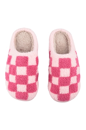 S17-5-5-HDS3854PK-S - CHECKERED PRINT FLEECE SLIPPER-PINK SMALL/1PAIR