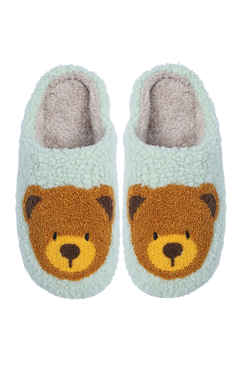 Blk-2-2-HDS3954MN - CUTE TEDDY BEAR PRINT FLEECE SLIPPER-MINT/6PCS (S2-M2-L2) (NOW $4.00 ONLY!)