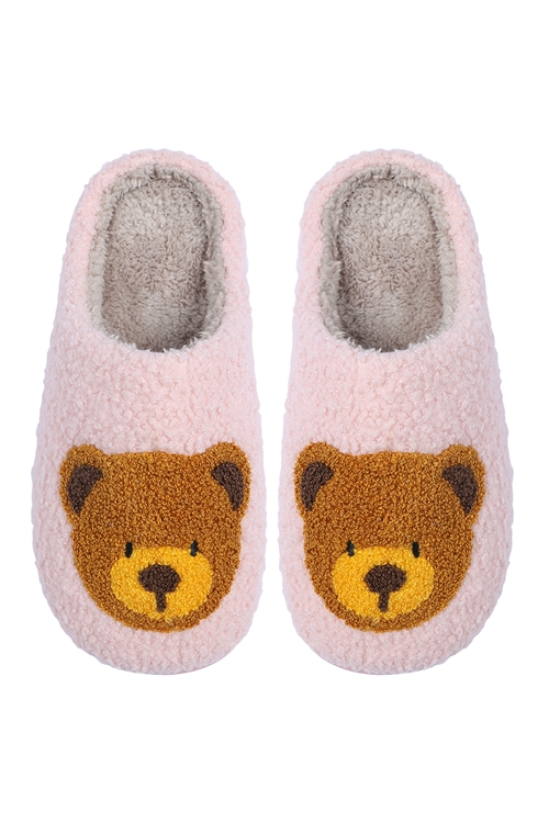 Blk-2-1-HDS3954PK - CUTE TEDDY BEAR PRINT FLEECE SLIPPER-PINK/6PCS (S2-M2-L2) (NOW $4.00 ONLY!)