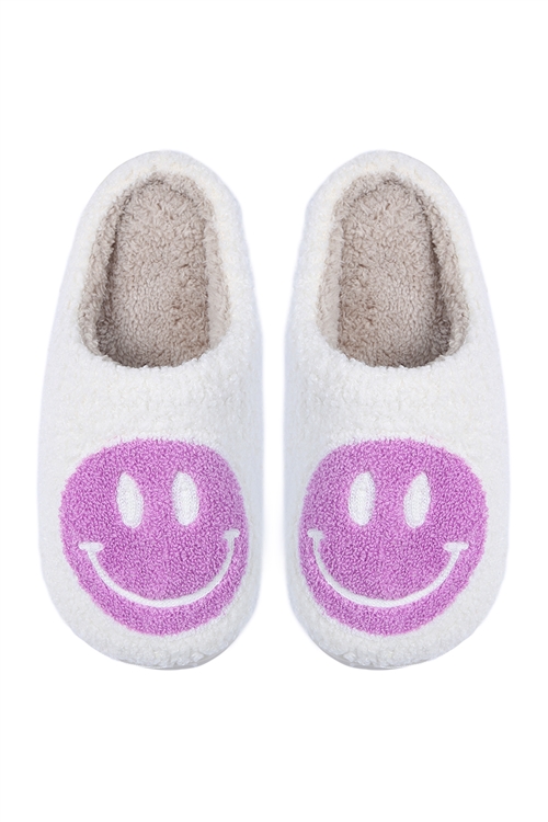 S25-8-1-HDS3955LPU - COLORED SMILEY PRINT FLEECE SLIPPER-LIGHT PURPLE/6PCS (S2-M2-L2)