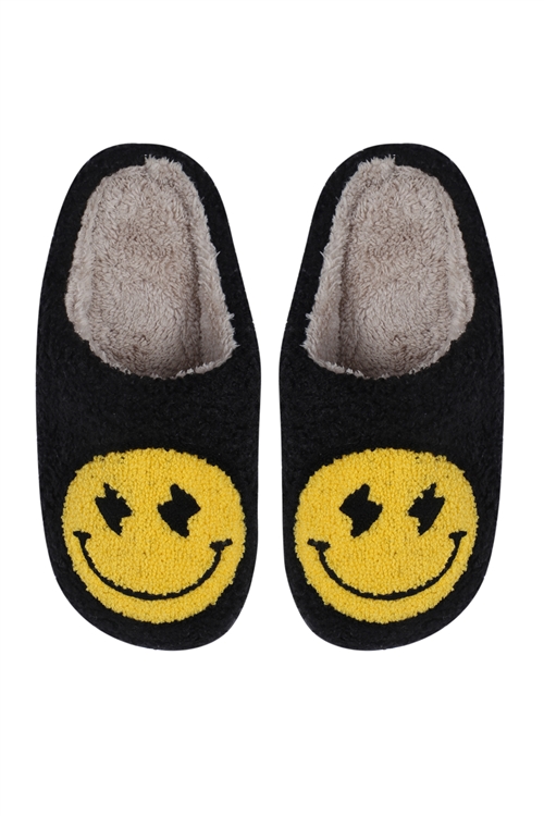 S1-8-1-HDS3956BK - SMILEY LIGHTNING BOLT PRINT FLEECE SLIPPER-BLACK/6PCS (S2-M2-L2)