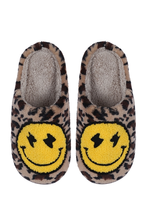 S21-9-1-HDS3956LEO - SMILEY LIGHTNING BOLT PRINT FLEECE SLIPPER-LEOPARD/6PCS (S2-M2-L2)