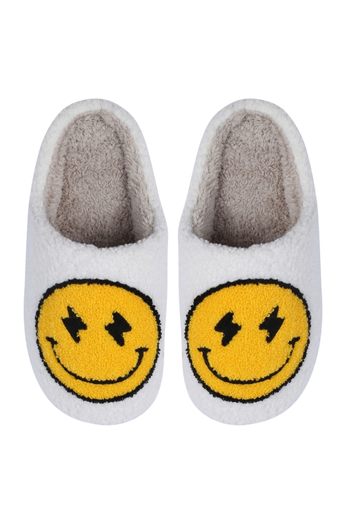 S23-9-1-HDS3956WT - SMILEY LIGHTNING BOLT PRINT FLEECE SLIPPER-WHITE/6PCS (S2-M2-L2)