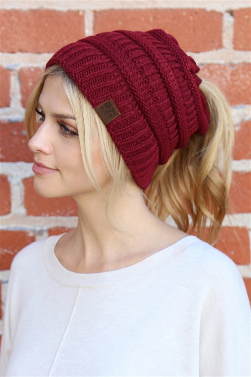 S3-9-2-HDT2510BU BURGUNDY KNITTED PONYTAIL BEANIE/6PCS