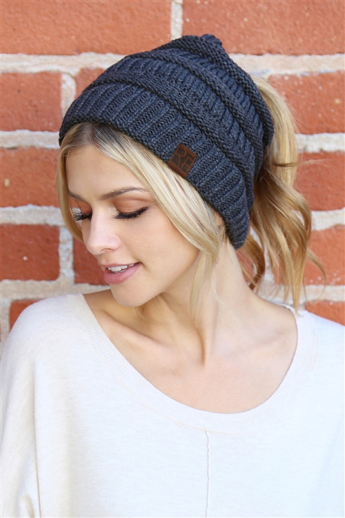 S1-6-3-HDT2510NV NAVY  KNITTED PONYTAIL BEANIE/6PCS