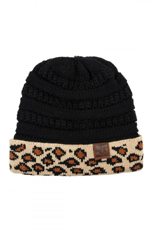 S3-6-1-HDT2511BK BLACK LEOPARD CUFF KNITTED BEANIE/6PCS