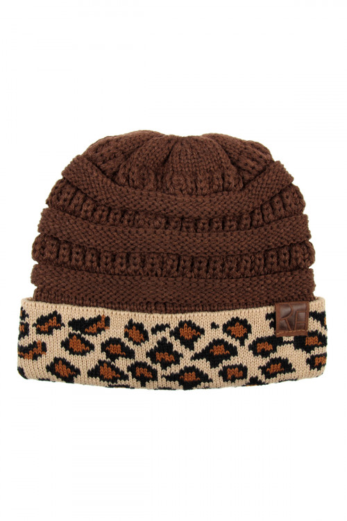 S3-6-1-HDT2511BR BROWN LEOPARD CUFF KNITTED BEANIE/6PCS