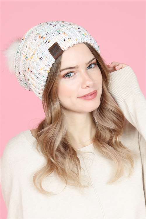 S2-4-5-HDT2513WTMX-1 WHITE MIX KNITTED POM POM BEANIE/1PC