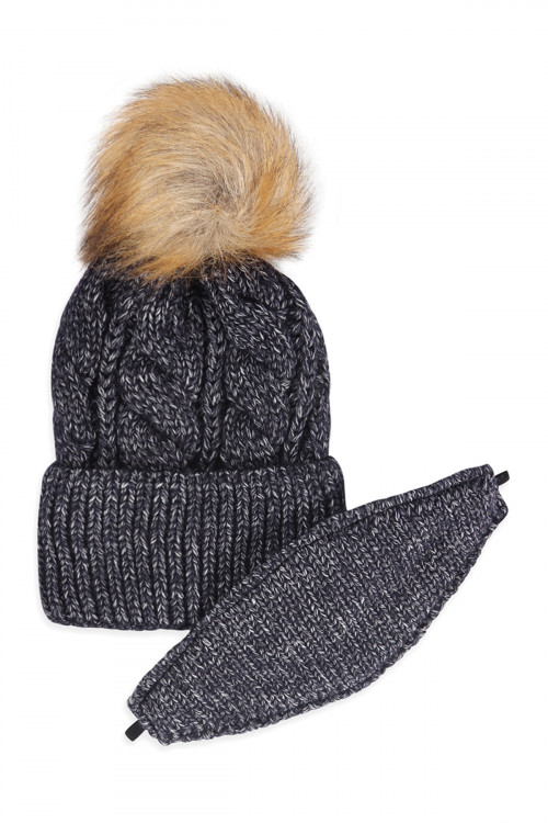 S18-9-4-HDT2925BK BLACK KNITTED POM BEANIE WITH MATCHING MASK SET/6SETS