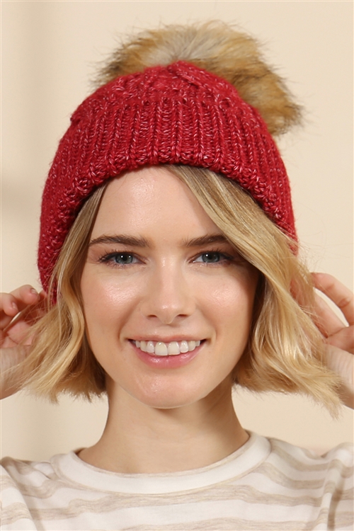 S18-8-4-HDT2925BU BURGUNDY KNITTED POM BEANIE WITH MATCHING MASK SET/6SETS