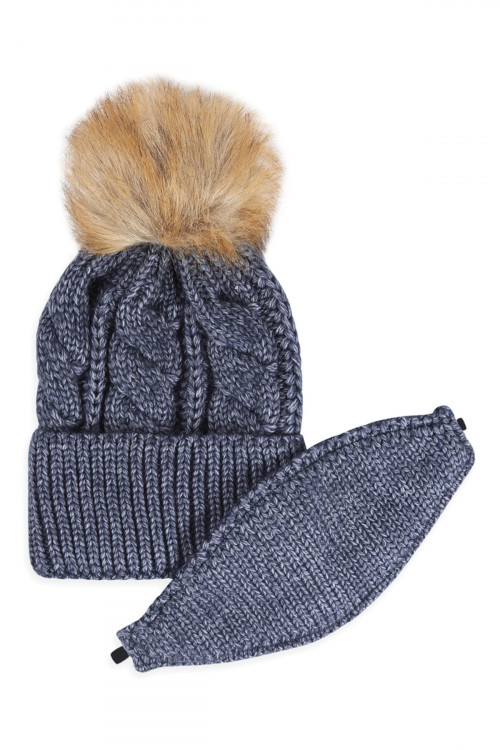 S18-9-4-HDT2925NV NAVY KNITTED POM BEANIE WITH MATCHING MASK SET/6SETS