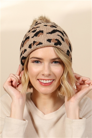 S2-7-2-HDT2934 LEOPARD PRINT POM DUAL PURPOSE BEANIE SCARF/6PCS