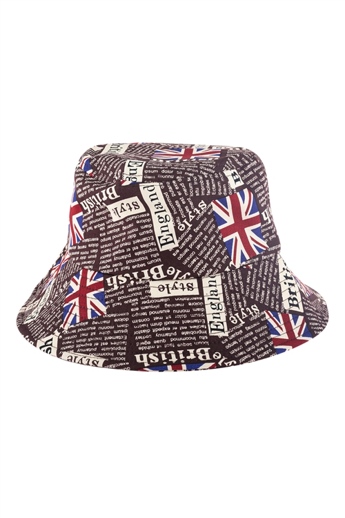 S27-7-5-HDT3235BR-ENGLAND PRINTED BUCKET HAT-BROWN/6PCS