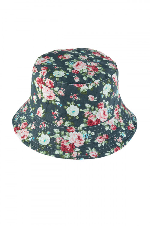 S28-7-4-HDT3312NV-FLORAL PRINT DOUBLE-SIDE-WEAR REVERSIBLE BUCKET HAT-NAVY/6PCS