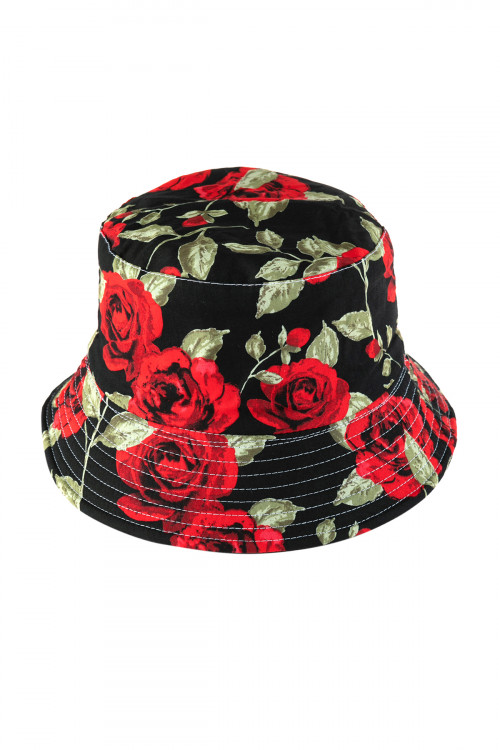 S29-6-2-HDT3314BK-ROSE PRINTED DOUBLE-SIDE-WEAR REVERSIBLE BUCKET HAT-BLACK/6PCS