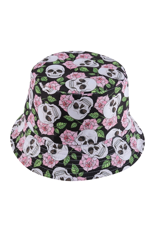 S21-2-2-HDT3317PK-FLORAL SKULL PRINT BUCKET HAT-PINK/6PCS