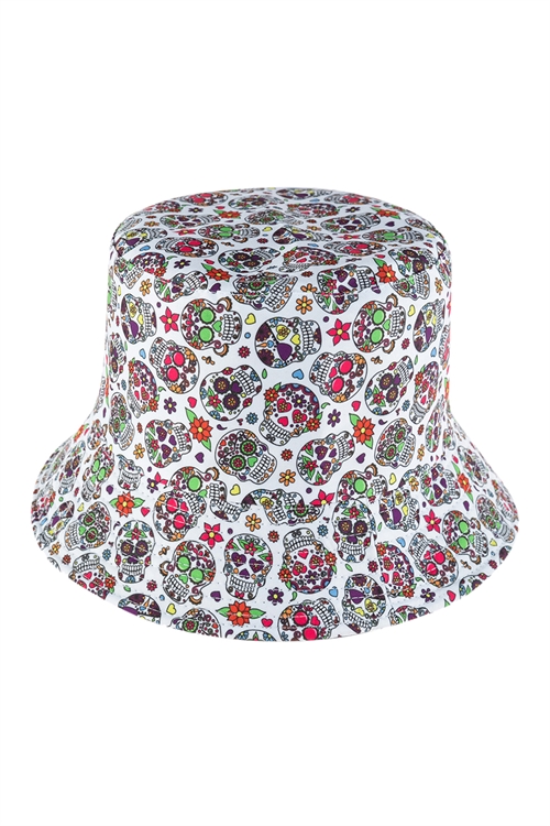 S28-2-3-HDT3317WT-FLORAL SKULL PRINT BUCKET HAT-WHITE/6PCS