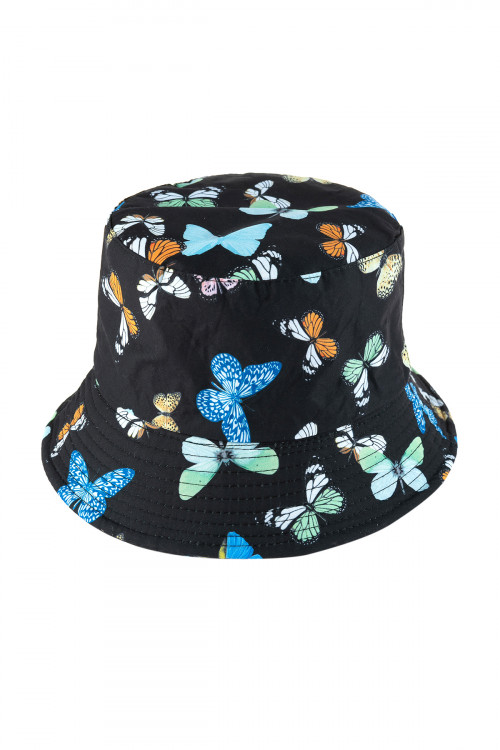 S2-9-3-HDT3321BK-BUTTERFLY PRINT DOUBLE-SIDE-WEAR REVERSIBLE BUCKET HAT-BLACK/6PCS