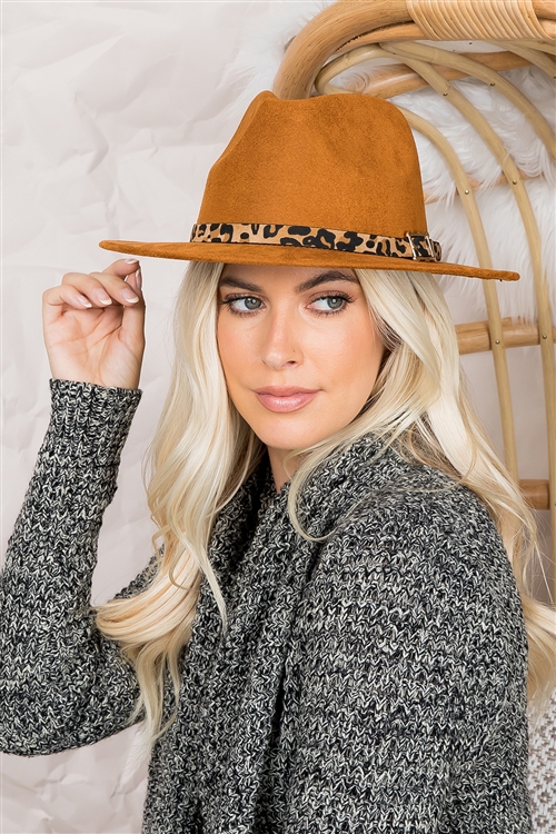 S18-2-5-HDT3328CA - CAMEL FASHION BRIM HAT WITH LEOPARD ACCENT/6PCS (NOW $3.50 ONLY!)