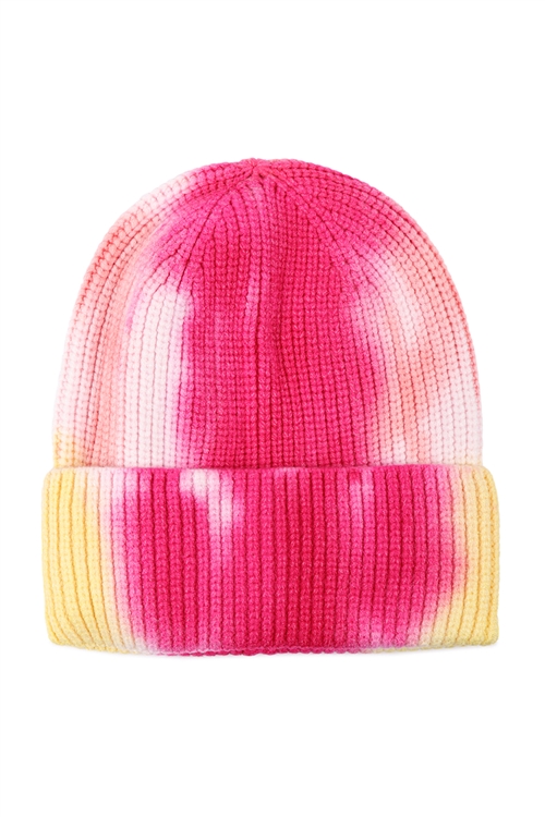 S28-1-5-HDT3423PK - TIE DYE KNITTED MULTICOLOR BEANIE - PINK/6PCS (NOW $1.75 ONLY!)