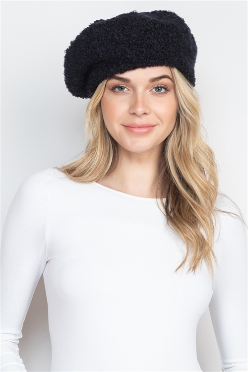 S3-7-3-HDT3427BK - FUZZY FLEECE BERET HAT - BLACK/6PCS (NOW $1.00 ONLY!)