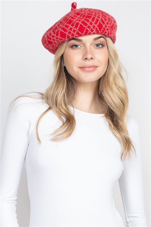 S28-7-3-HDT3428RD - FUZZY FLEECE W/ LINE ACCENT BERET HAT - RED/6PCS (NOW $1.00 ONLY!)