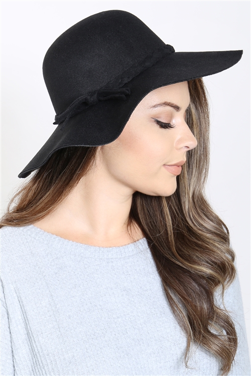 S28-1-2-HDT3432BK - BLACK BOWLER FASHION BRIM SUMMER HAT WITH BRADED TIE/6PCS (NOW $5.75 ONLY!)