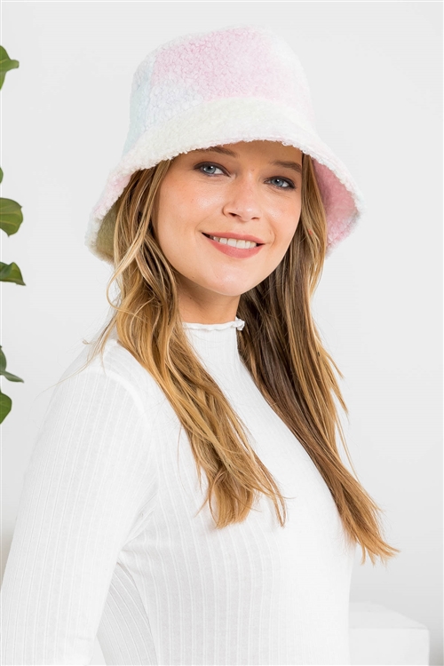 S24-7-5-HDT3437LPK - TIE DYE FUZZY FLEECE BUCKET HAT - LIGHT PINK/6PCS (NOW $1.00 ONLY!)