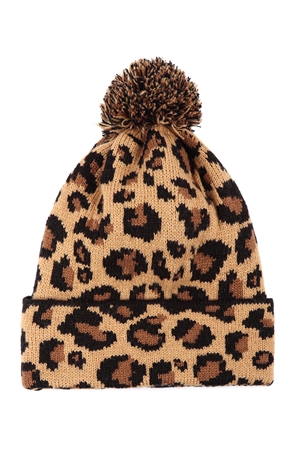 S19-6-5-HDT3454BR - LEOPARD KNITTED POMPOM BEANIE-BROWN/6PCS (NOW $4.00 ONLY!)