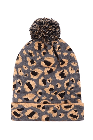 S19-6-5-HDT3454GY - LEOPARD KNITTED POMPOM BEANIE-GRAY/6PCS (NOW $4.00 ONLY!)