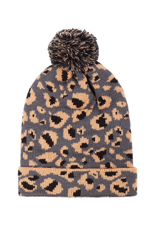 S19-6-5-HDT3454GY - LEOPARD KNITTED POMPOM BEANIE-GRAY/6PCS (NOW $4.00 ONLY!)