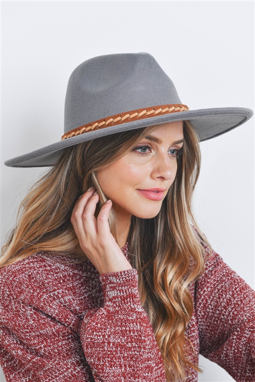 S18-11-6-HDT3502GY - FASHION BRIM HAT W/ BREADED LEATHER STRAP - GRAY/6PCS