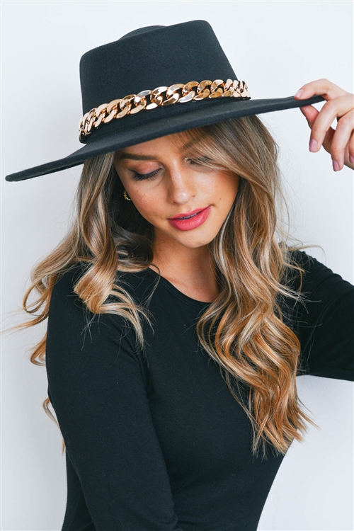 S23-10-6/S1-8-1-HDT3503BK -  FELT BRIM FASHION HAT W/ CHAIN ACCENT - BLACK/6PCS (NOW $4.75 ONLY!)