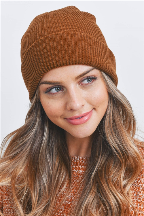 S24-6-3-HDT3512BR - PLAIN AND SIMPLE KNITTED FASHION BEANIE - BROWN/6PCS
