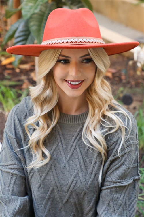 S25-6-1-HDT3539BRI - FELT FASHION BRIM HAT W/ LEATHER BRAIDED - BRICK/6PCS (NOW $4.50 ONLY!)