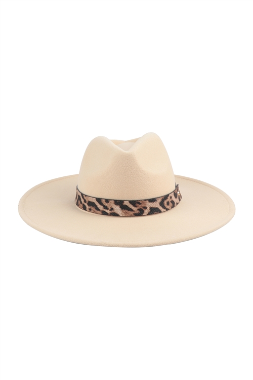 S24-4-5-HDT3540BG - FELT FASHION BRIM HAT W/ LEOPARD ACCENT-BEIGE/6PCS