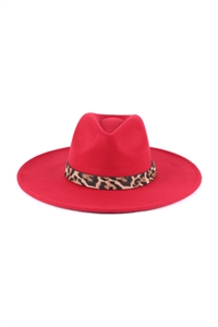 S1-4-5-HDT3540BU - FELT FASHION BRIM HAT W/ LEOPARD ACCENT - BURGUNDY/6PCS