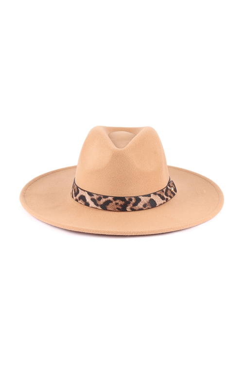 S24-6-6-HDT3540CA - FELT FASHION BRIM HAT W/ LEOPARD ACCENT - CAMEL/6PCS