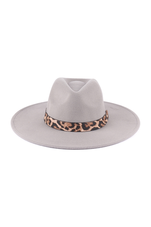 S22-7-6-HDT3540GY - FELT FASHION BRIM HAT W/ LEOPARD ACCENT - GRAY/6PCS