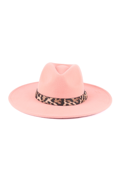 S21-9-6-HDT3540PK - FELT FASHION BRIM HAT W/ LEOPARD ACCENT - PINK/6PCS