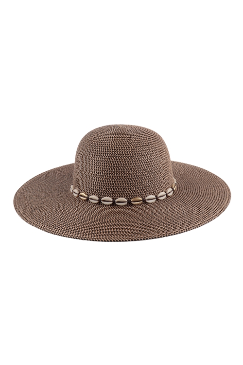 SA4-7-1-HDT3573BR - BRIM SUMMER HAT WITH SEASHELL STRAP ACCENT- BROWN/6PCS