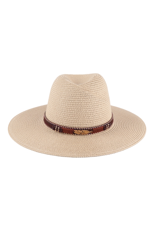 S8-14-1-HDT3574IV - BRIM SUMMER HAT WITH FEATHER & LEATHER STRAP ACCENT- IVORY/6PCS