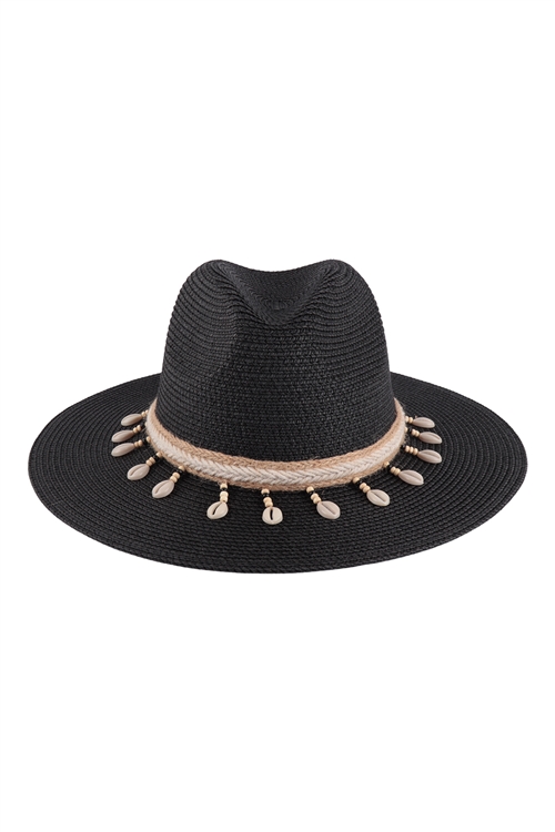 S1-8-1-HDT3575BK - BRIM SUMMER HAT WITH SEASHELL TASSEL  ACCENT- BLACK/6PCS