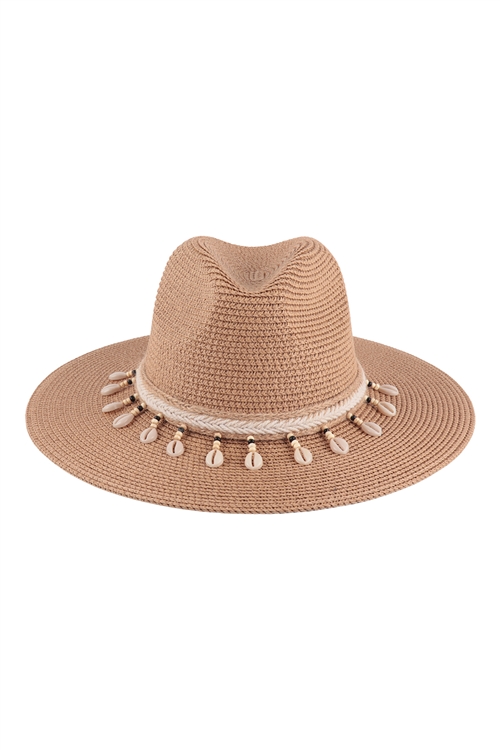 S23-13-1-HDT3575BR - BRIM SUMMER HAT WITH SEASHELL TASSEL  ACCENT- BROWN/6PCS