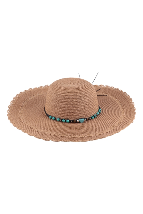 S24-6-6-HDT3577BR - WEAVE BRIM W/ NATURAL STONE STRAP SUMMER HAT - BROWN/6PCS