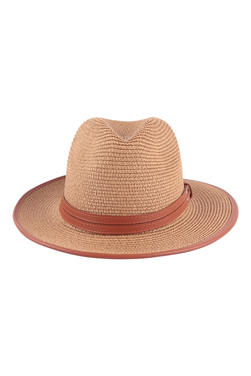 S1-8-1-HDT3581BR - FEDORA BRIM SUMMER HAT WITH LEATHER BELT STRAP - BROWN/6PCS