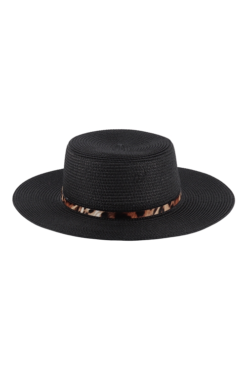 S23-9-6-HDT3584BK - PANAMA BRIM HAT WITH LEOPARD STRAP ACCENT - BLACK/6PCS (NOW $2.25 ONLY!)