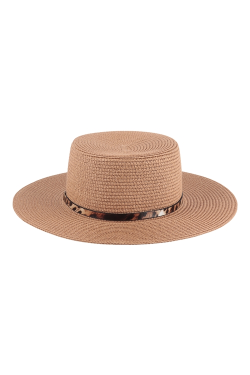 S23-9-6-HDT3584BR - PANAMA BRIM HAT WITH LEOPARD STRAP ACCENT - BROWN/6PCS (NOW $2.25 ONLY!)