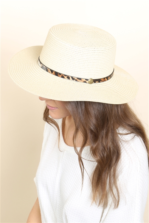 S24-8-6-HDT3584IV - PANAMA BRIM HAT WITH LEOPARD STRAP ACCENT - IVORY/6PCS (NOW $2.25 ONLY!)